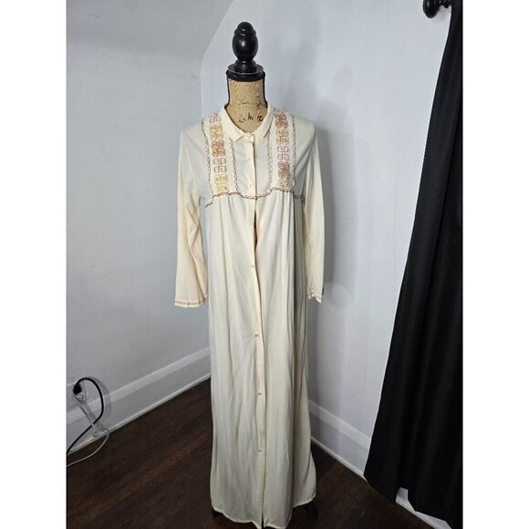 Vintage 70s Cream Boho Prairie Night Gown House Dress Bell Sleeve - Picture 14 of 14